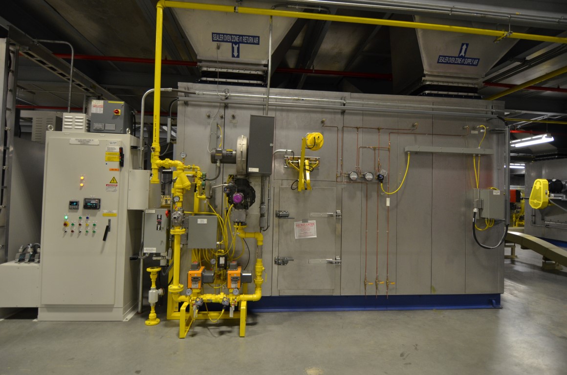 heater and control panel with supply and return ductwork to industrial oven for sealer cure